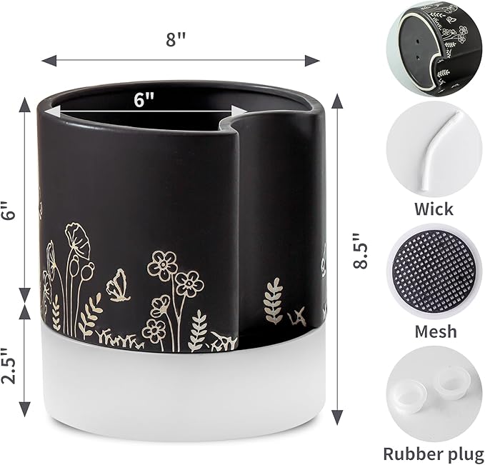 Nihow Self Watering Plant Pot: 8 Inch Ceramic Planter with Drainage Hole & Water Storage Plus for Indoor & Outdoor Plants - Cylinder Round Flower Pot for Succulent/Herbs/Violets - Black Nihow