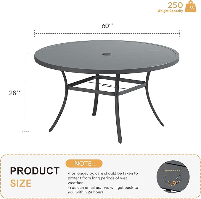 VICLLAX 60" Outdoor Round Patio Table for Lawn Garden, All Weather Metal Patio Dining Table with Adjustable Umbrella Hole, 8-10 Person, Grey HOME