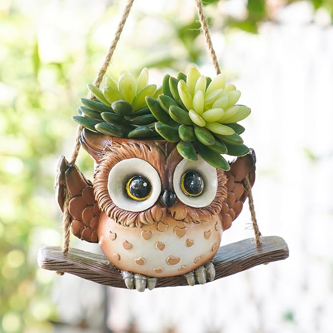 Swing Owl Hanging Planters for Indoor Plants, Cute Small Succulent Pots with Drainage Hole, Unique Resin Plant Hangers Outdoor, Hanging Plant Holder for String Of Pearls, Gift Ideas for Mother Saysmile