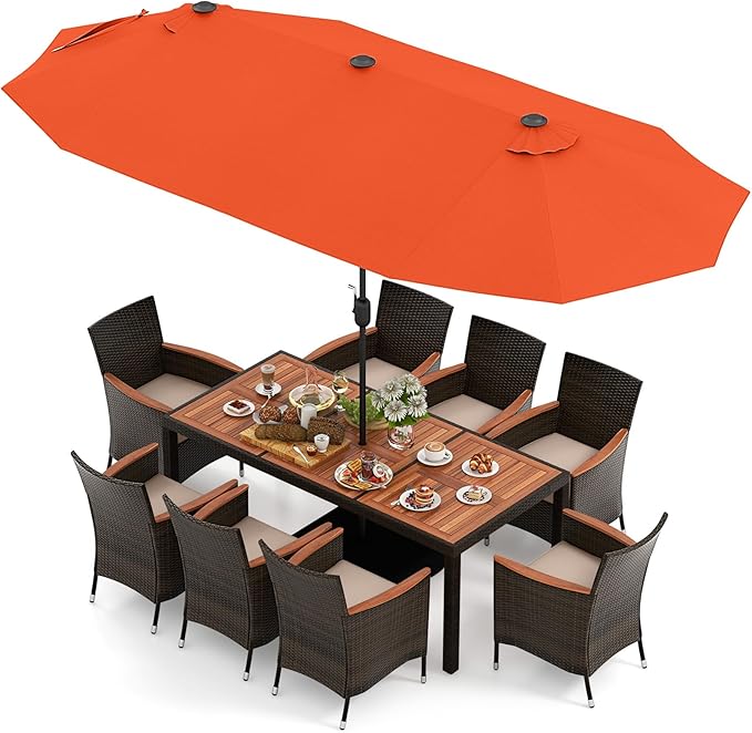 Tangkula 11 Piece Rattan Outdoor Dining Set with 15Ft Patio Umbrella for 8, Outdoor Wicker Table Set with 8 Cushioned Armchairs, Acacia Wood Top, Outdoor Umbrella with Base Included TANGKULA
