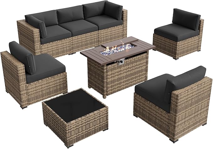 Aoxun Patio Furniture Sets, 8-Piece Outdoor Patio Furniture with 44'' Propane Gas Firepit Table, Wicker Outdoor Conversation Set Sectional Sofa for Backyard, Poolside, Garden (Black Cushion) Aoxun