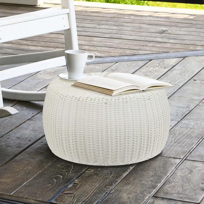 Resin Wicker Storage Stool or Side Table, White HouseholdEssentials