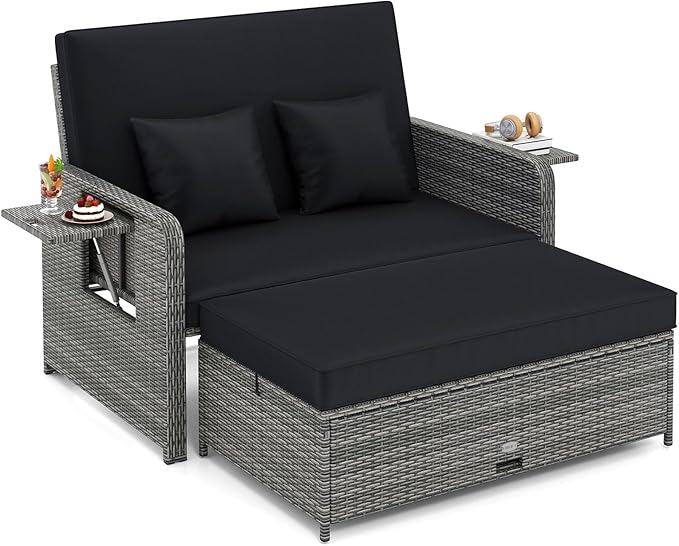 Tangkula Patio Rattan Daybed with 4-Level Adjustable Backrest, Outdoor PE Wicker Loveseat with Storage Ottoman & Folding Side Table, Double Sunbed for Balcony, Backyard & Poolside, Black & Grey TANGKULA
