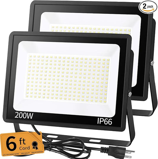200W LED Flood Light Outdoor with 6ft Plug, 24000LM Brighter Exterior Security Lights, 5000K Daylight LED Work Light, IP66 Waterproof for Yard, Garage, Stadium, Lawn, 2 Pack YAYIT