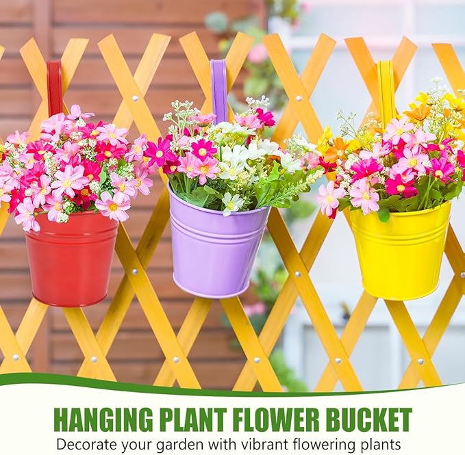 OBTANIM 12 Pack Metal Hanging Flower Pots Railing Planter Outdoor Fence Hanging Bucket Plant Holder with Detachable Hooks Drain Holes for Home Garden Yard Decor (Yellow Purple Red, 4 x 4 Inch) OBTANIM