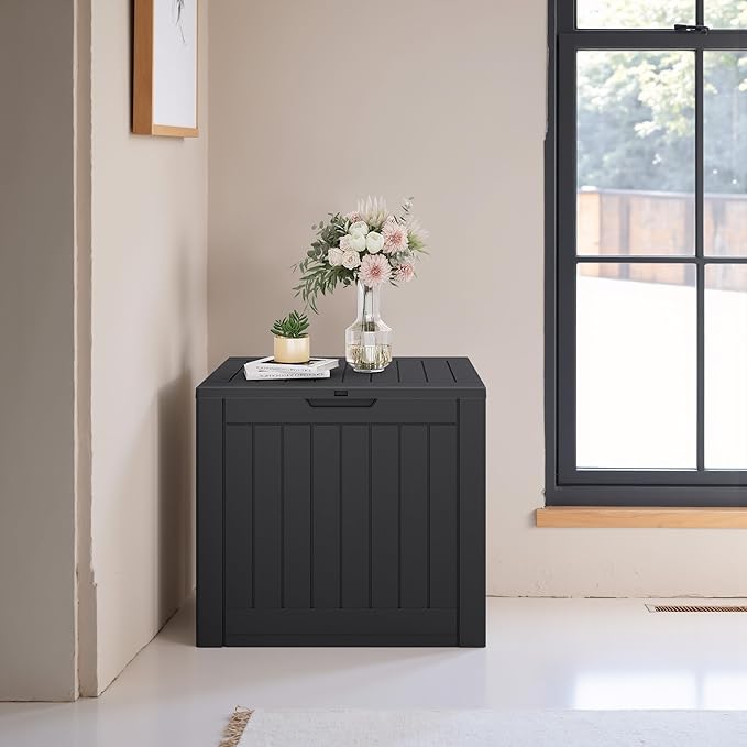 JUMMICO 42 Gallon Deck Box Waterproof, Resin Outdoor Storage Box with Side Handles, Outdoor Storage Benches Lockable for Patio Cushions and Garden Tools (Black) JUMMICO