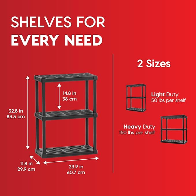 IRIS USA 3-Shelf Light Duty Plastic Storage Shelves, 150lb Capacity, 33" H x 24" W x 12" D, Medium Modular Shelving Unit Storage Organizer for Bathroom, Laundry, Garage & Home, Storage Rack - Black IRISUSA