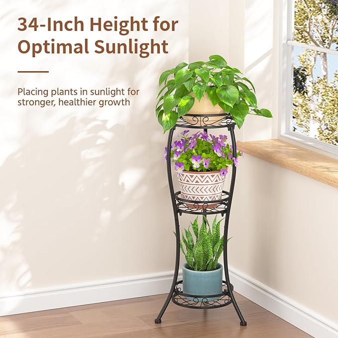LASZOLA Black 3 Tier Tall Plant Stand for Indoor Outdoor, Large Multiple Level Flower Planter Holder Organizer Rack for Patio Office Bathroom Corner Floor, Sturdy Heavy Duty Metal, Vertical Display LASZOLA