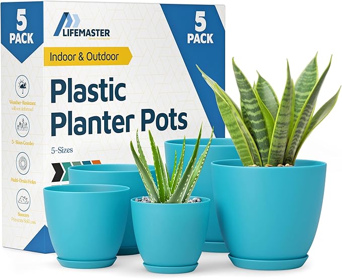 Blue Plant Pots with Drainage Holes & Saucers 5 Pack, Indoor & Outdoor Stackable Space-Saving Planters for Houseplants & Flowers, (7", 6.7", 6", 5.3", and 4.8" Inches), Durable & Weatherproof LIFEMASTER
