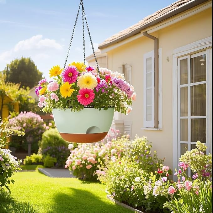 Hanging Planter for Indoor Plants, 10 Inch Self-Watering Hanging Planters with Drainage Holes and Chain, Set of 2 Outdoor Hanging Pots for Garden Home LesOasis