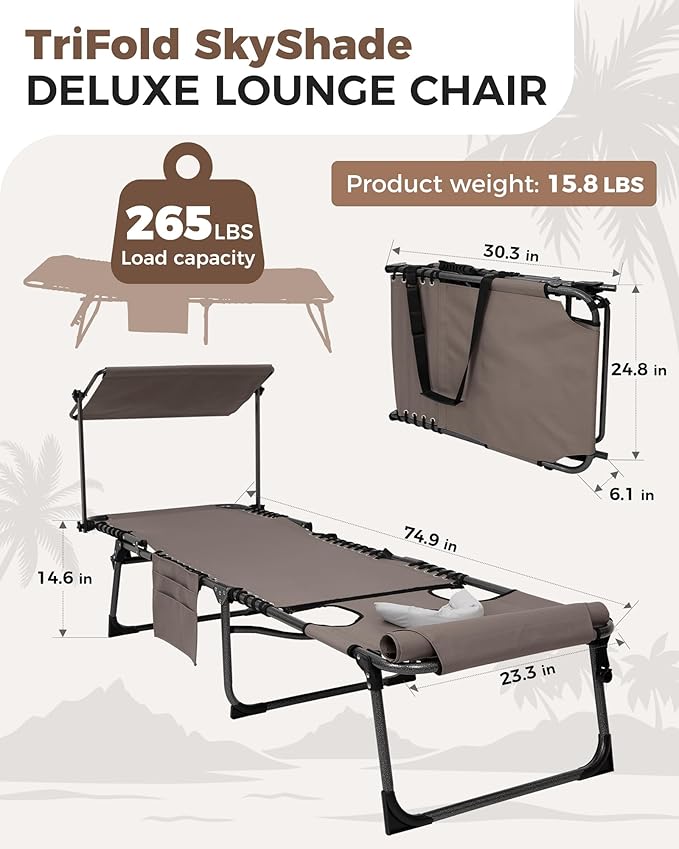 KingCamp Tanning Chair with Face Hole, Lounge Chairs Outdoor Folding Comfy Adjustable 5-Position Foldable Chaise Chaser with Canopy Shade for Outside Beach Patio Sun Bathing, Beige KingCamp