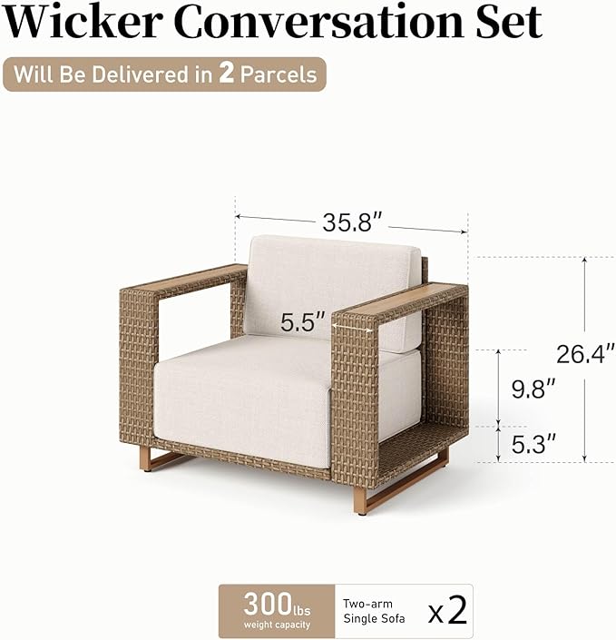 2 Pieces Patio Furniture Set,Outdoor Rattan Wicker Armchairs with 10''Ultra-Thick Cushions,All Weather Patio Conversation Set for Lawn Garden Backyard,Beige SUNSHINEVALLEY