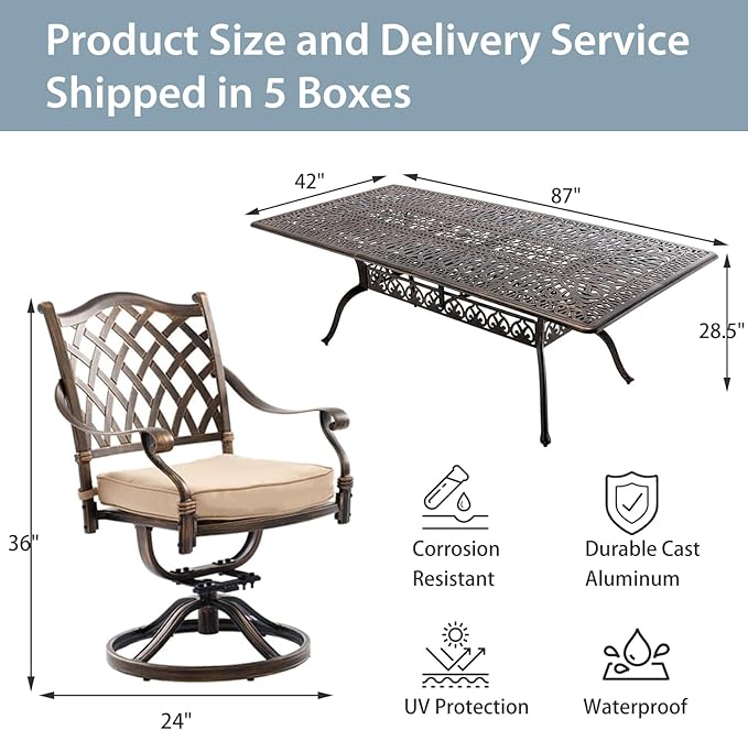 9-Piece Cast Aluminum Patio Furniture, Outdoor Dining Sets for 8 Include 87" Rectangular Patio Dining Table and 8 Swivel Chairs with Cushions & Umbrella Hole(Bronze) Rootora