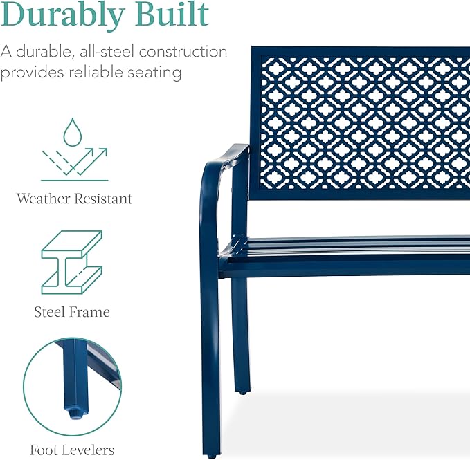 Best Choice Products Outdoor Bench 2-Person Metal Steel Benches Furniture for Garden, Patio, Porch, Entryway w/Geometric Backrest, 790lb Capacity - Peacock Blue BestChoiceProducts
