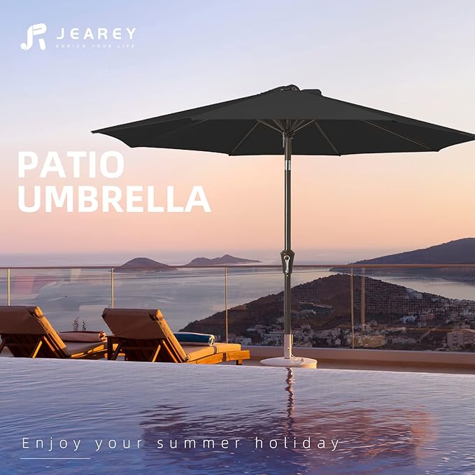 JEAREY 9FT Outdoor Patio Umbrella Outdoor Table Umbrella with Push Button Tilt and Crank, Market Umbrella 8 Sturdy Ribs UV Protection Waterproof for Garden, Deck, Backyard, Pool (Black) JEAREYOutdoorsCollection