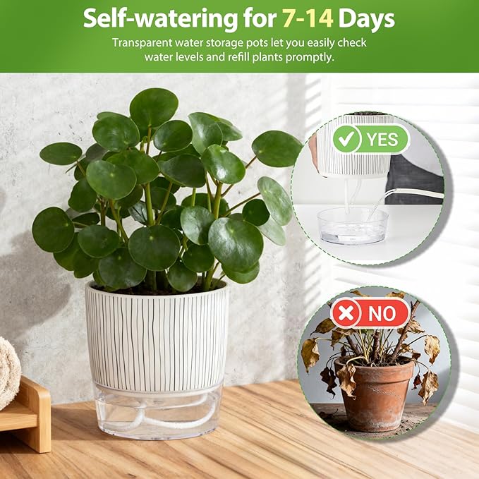 3 Pack Self Watering Pots Set, 4 Inch Self Watering Pots for Indoor Plants, Planter Pot with Wick Rope and Reservoir for African Violet, Spider Plant, Orchid Rootora
