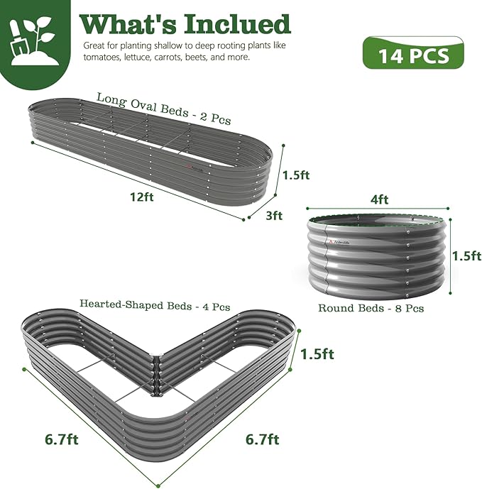 A ANLEOLIFE Set of 14, 18 Inch Tall Raised Garden Beds Kit, Heart-Shaped, Large Oval & Round Metal Planters – Ideal for Backyard Vegetables Flowers Herbs, Quartz Grey AAnleolife