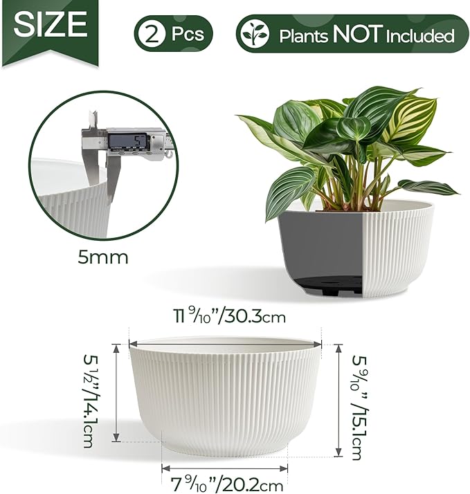 T4U 12 Inch Large Self Watering Plant Pots, Wide Self Watering Planter with Drainage Hole, Large Plant Pots Flower Pot for Plants, Set of 2, White T4U