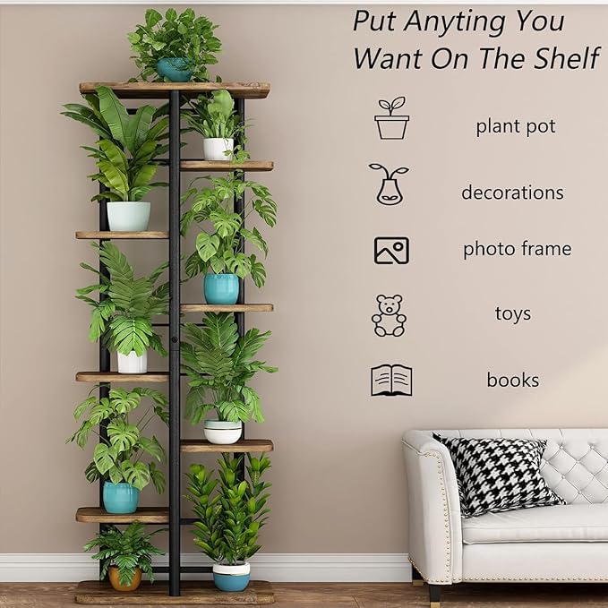 LINZINAR Plant Stand 8 Tier 9 Potted Multiple Flower Pot Holder Shelf Indoor Outdoor Planter Rack Storage Organizer for Patio Garden Corner Balcony Living Room (Black, 8 Tier) LINZINAR