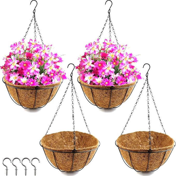 TIHOOD 4 Pack 12 inch Hanging Planter Basket Outdoor Large Hanging Flower Pots Indoor with Coco Coir Liner Round Wire Plant Holder Chain Hanging Basket Garden for Home Decor Balcony Office Tihood