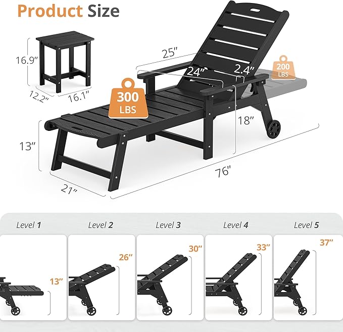 LUE BONA Chaise Lounge Chair with Table, 3-Piece, HDPS Chaise Lounger, 5 Positions Adjustable Lounge Chairs, Pool Lounge Chair with Wheels for Poolside, Backyard, Black LUEBONA