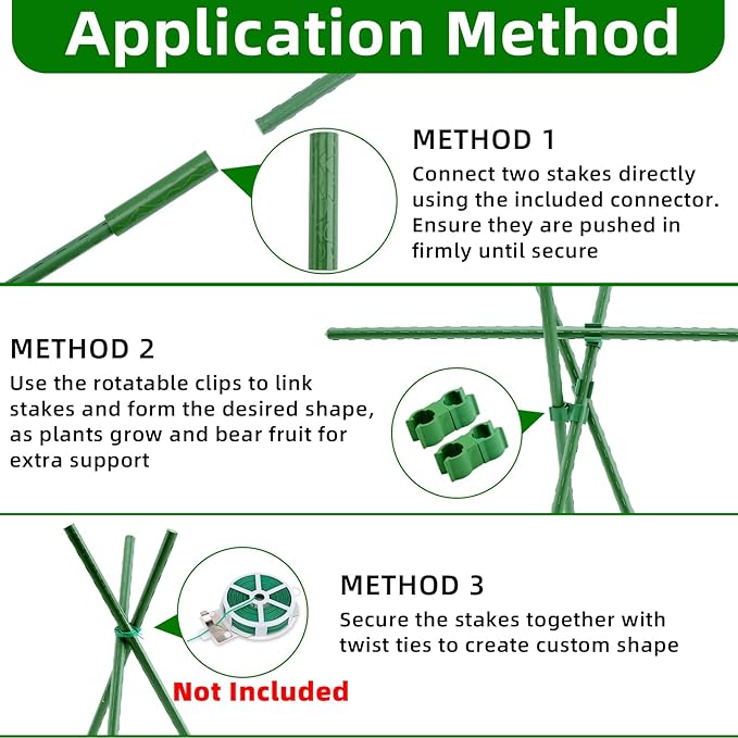 Garden Stakes 16 Inch 30 Pack, Diy 4ft 5ft 6ft 7ft 8ft Tomato Stakes Plastic Coated Metal Plant Sticks Stakes Supports with 20 Connectors 15 Rotatable Clips for Indoor Outdoor Plants Vegetable Fabulas