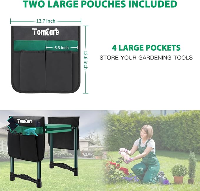 TomCare Garden Kneeler and Seat 10.64” Wider Larger Soft Kneeling Pad Garden Bench with 2 Large Tool Pouches Heavy Duty Garden Stool Foldable Tools Gardening Gifts for Women Men Gardeners TomCare