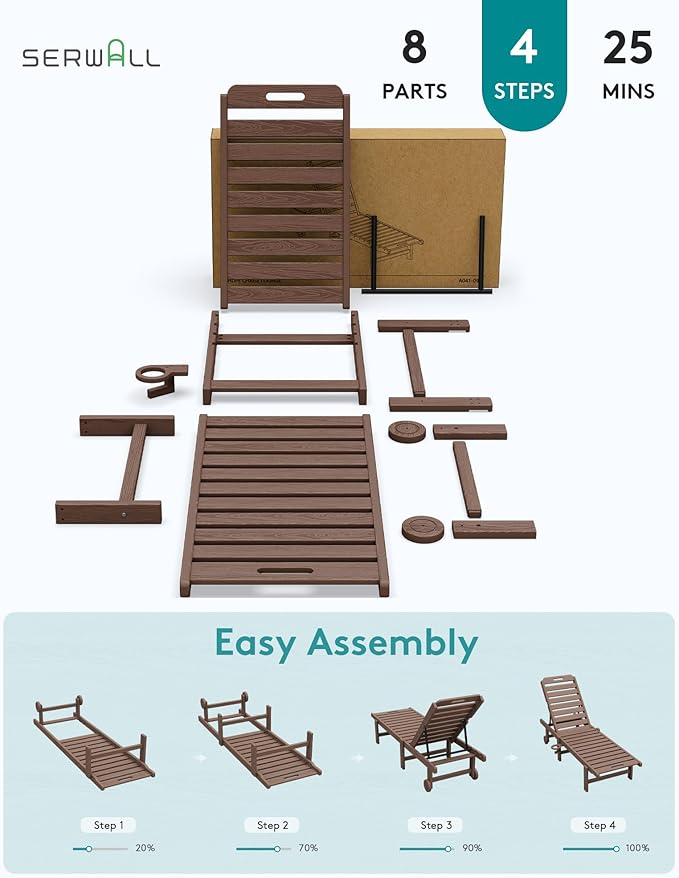 SERWALL Patio Chaise Lounge, HDPE Outdoor Lounge Chair with Cup Holder, 5 Positions Adjustable Poly Lounger with Rolling Wheels for Poolside, Deck, Sunbathing, Brown SERWALL