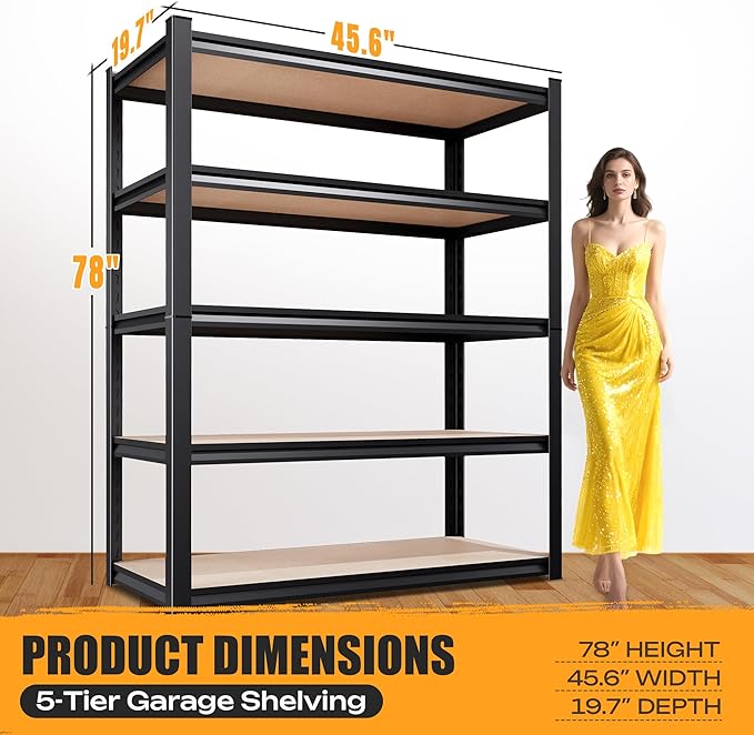 AOAORRG Set of 5 Garage Shelving Heavy Duty Storage Shelves, Metal Adjustable Shelving Unit, Utility Garage Organizer Shelf for Basement, Pantry, Kitchen, Warehouse, 45.6" Wx19.7 Dx78 H Rootora