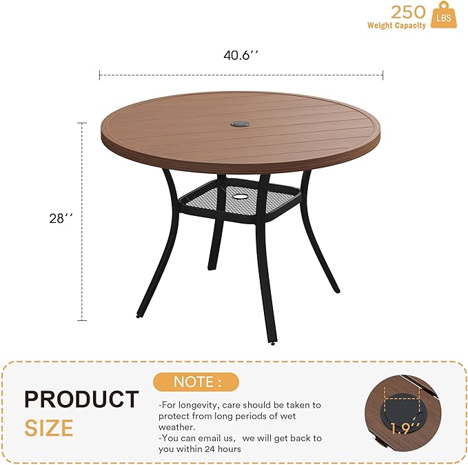 VICLLAX Round Patio Table with Adjustable Umbrella Hole, All Weather Outdoor Round Dining Table for Lawn Garden, 41.2"x 28" Walnut Wood-Like Outdoor Coffee Table HOME