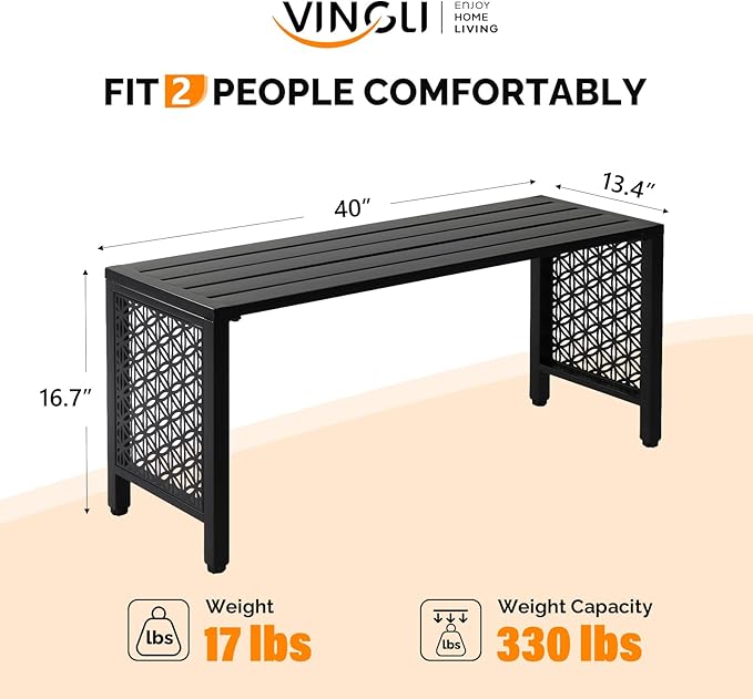 VINGLI 40in Outdoor Metal Bench, All-Weathe Backless Patio Bench with Slatted Seat＆Floral Side Panels, Rust-Resistant Garden Bench, Weatherproof Outdoor Seating for Porch Entryway Backyard (Black) VINGLI