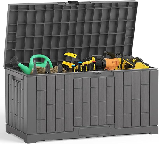 NEWBULIG 60 Gallon Deck Box, Waterproof Outdoor Storage Box with Lockable Lid, Patio Furniture Bench & Side Table, Outside Storage Container, Tool-Free Assembly, for Garden, Pool, Grey NEWBULIG
