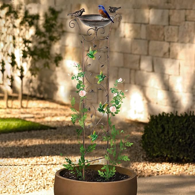 SUNNYPARK Antique Garden Iron Trellis with Decorative Hummingbirds Detachable Bird Bath Bowl Metal Potted Plant Support for Climbing Flowers SUNNYPARK