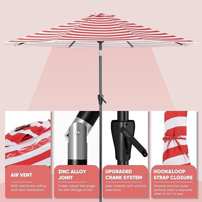 Tempera Patio Market Outdoor Table Umbrella with Auto Tilt and Crank, Large Sun Umbrella with Sturdy Pole & Fade Resistant Canopy, Easy to Set TemperaPatioLife