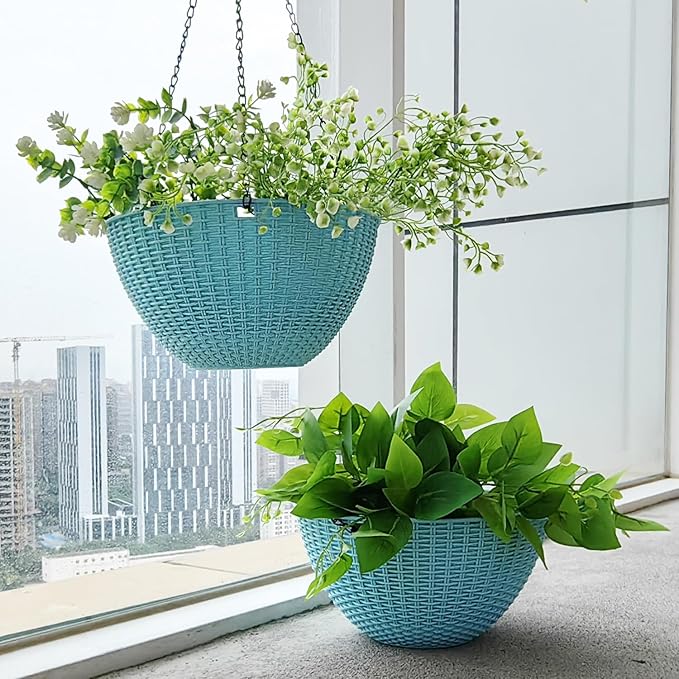 Hanging Planters for Outdoor Plants 8/10 Inch, 4 Packs Hanging Flower Pot Indoor with Drainage Holes, Self-Watering Hanging Basket Perfect for Home, Office and Garden (Sky Blue) RooTrimmer