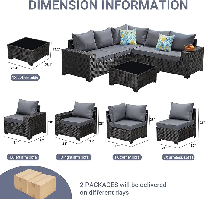 Jing's Villa 6-Piece Patio Furniture Set, All-Weather Outdoor Wicker Sectional Sofa with Cushions, Glass Table & Left and Right Armrest, Rattan Conversation Seating for Porch, Garden, Backyard,Grey JingsVillaOutdoorFurniture