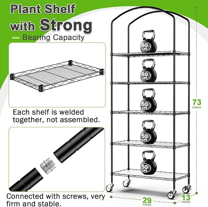 Abimars 5-Tier Greenhouse with Caster Wheel, Each Shelf Height Adjustable Metal Plant Shelf with PVC Cover for Seed Starting Trays, Seedling Pots, Plant Pots, 13x29x73inch Abimars