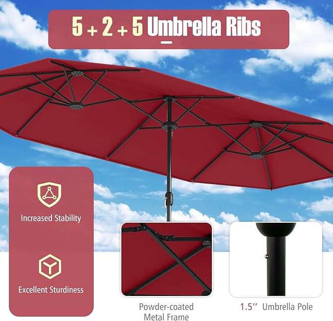 Tangkula 9 Piece Rattan Outdoor Dining Set with 13Ft Umbrella for 6, Outdoor Wicker Table Set with 6 Cushioned Armchairs, Acacia Wood Top, Outdoor Umbrella & with Base Included TANGKULA