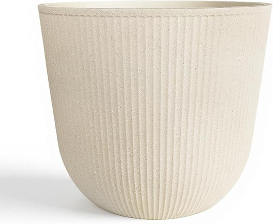 WORTH Garden Round Large Planter Pot 1-Pack - 17.5" Dia x 15.5" H - Durable Plastic Beige Plant Tree Pots with Vertical Stripe Textured Finish, Drainage Hole for Indoor, Outdoor, Front Porch, Patio WORTH