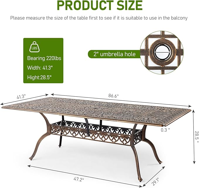VINGLI 8-Person Outdoor Dining Table, Metal Dining Table with Umbrella Hole Cast Aluminum Patio Table, Rectangle Table Outdoor Furniture Garden Table (87”Lx42W”x28.5”H) VINGLI