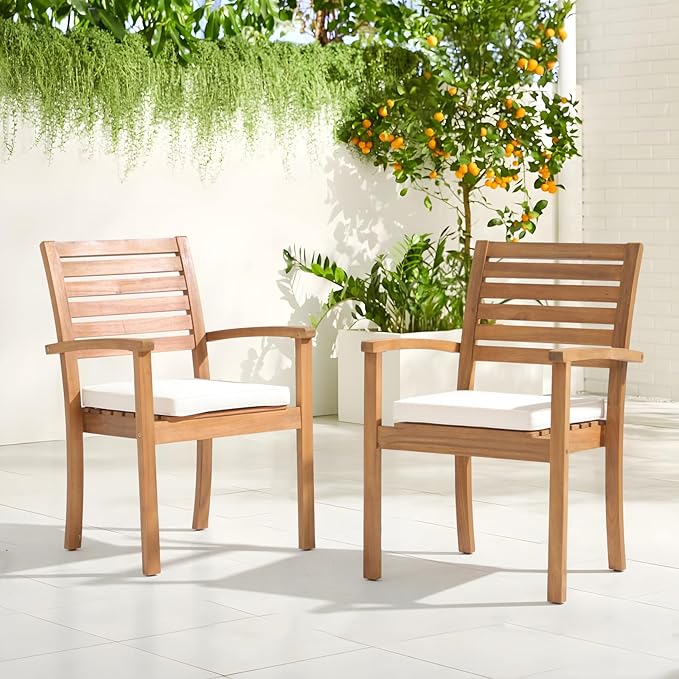 OC Orange-Casual Stackable Patio Dining Chairs Set of 2, Outdoor Acacia Wooden Chairs w/Armrest & Removeable Fabric Cushion, for Porch, Backyard, Garden, Indoor, Beige OCOrange-Casual