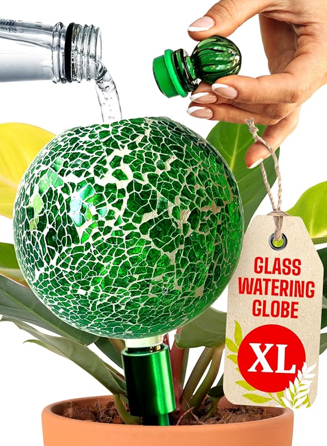 16 Oz Plant Watering Globes for Indoor Plants with Metal Self Watering Planter Insert - Premium XL Glass Hand-Blown Globe - Automatic Plant Waterer Indoor, Gift Idea for Gardeners [1 Globe, Mosaic] GARDENBRO