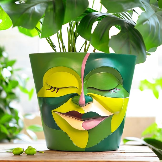 GUGUGO 8 Inch Planter Abstract Rainbow Face Pots for Plants, Unique Head Planters Pots with Drainage, Cute Eclectic Flower Pot for Garden, Colorful Funny Room Decor (Mainly Green) GUGUGOHOMEDECOR