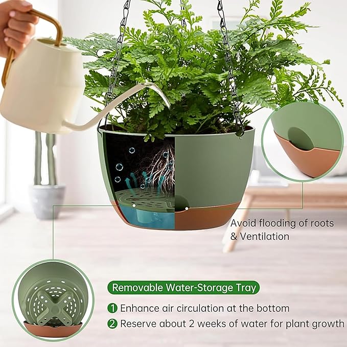 Hanging Planters for Indoor Plants, Set of 2 8/10 Inch Self-Watering Hanging Pots with Drainage Hole & Removable Water-Storage Tray II Screw-in Hooks Rootora