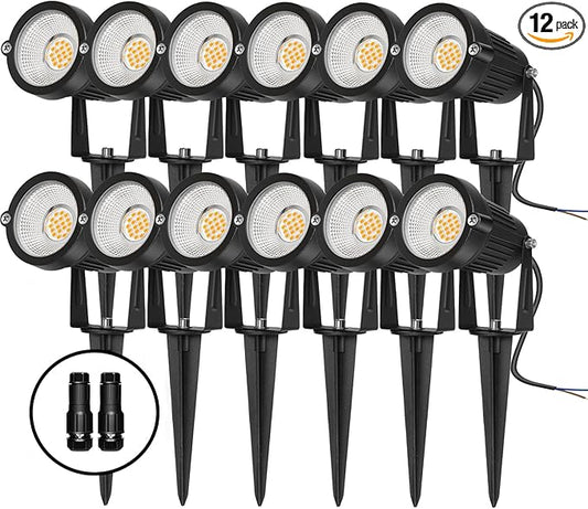 Low Voltage Landscape Lights Outdoor: 7W 700LM LED Landscape Lighting with Connectors for Tree Garden Yard Pathway | 12V 24V Warm White 2700K Spotlights | IP65 Waterproof | 12 Pack REEGOLD