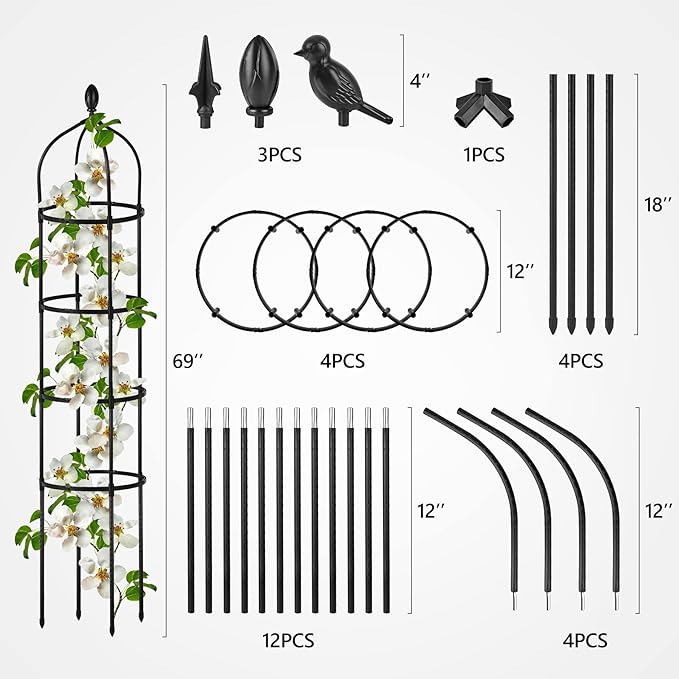 Garden Obelisk Trellis for Climbing Plants Outdoor 6 Ft Rose Bush Round Trellis with Grow Bag for Pots Rustproof Metal Plant Flower Trellises for Clematis Vine Jasmine Support Outdoor Indoor Miuwauer