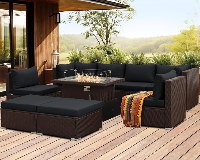 NICESOUL 9 Piece Patio Furniture Set with Fireplace Natural Gas/Propane, 29.3'' High Back Large Wicker Outdoor Sectional Sofa Sets, Deep Seat Sitting Area Backyard, Brown Rattan and Black Cushion NICESOUL