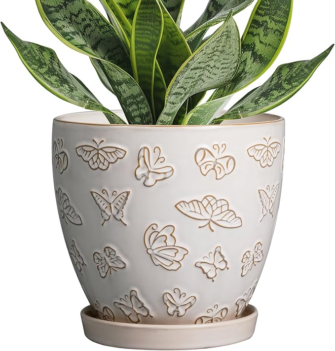 Ceramic Planter Pot - 6.8 Inch Plant Pot with Drainage Hole and Saucer, Succulent Round Flower Pot for Plants Indoor Outdoor, White EPFamily
