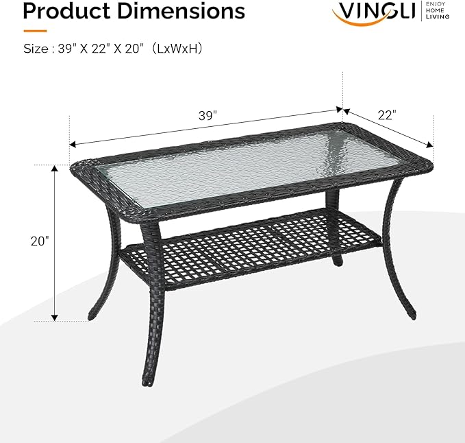 VINGLI Outdoor Coffee Table with Storage Wicker Patio Coffee Table, Tempered Glass Top Coffee Table for Patio Outside Balcony Porch Deck (Black) VINGLI
