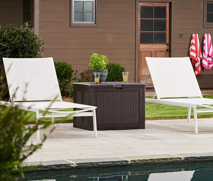 Rubbermaid Medium Resin Outdoor Storage Deck Box (74 Gal) Weather Resistant Brown Deck Organization for Home/Backyard/Pool Chemicals/Toys/Garden Tools/Porch/Patio Cushions Rubbermaid